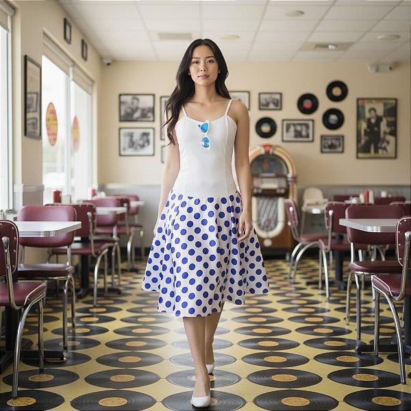 Fantasia Feminina Anos 60 Alças Branco e Azul Adulto - SOMENTE ALUGUEL