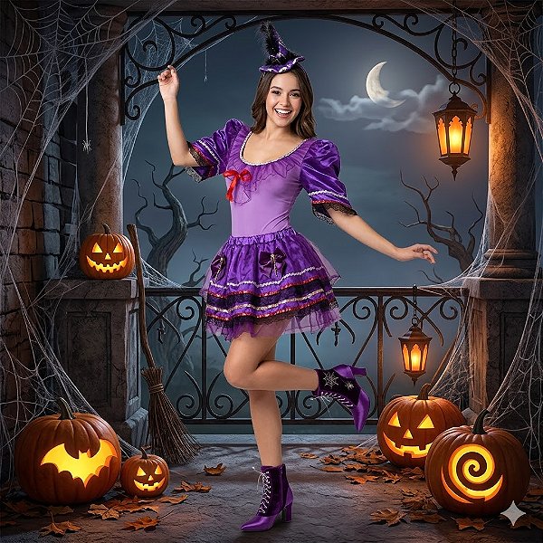 Fantasia Bruxa Collant Tule Roxa Adulto - SOMENTE ALUGUEL