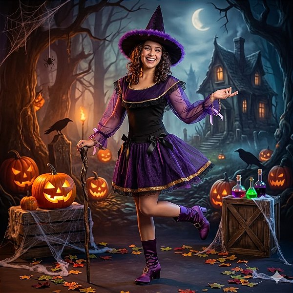 Fantasia Bruxa Conjunto Collant Manga Longa Adulto - SOMENTE ALUGUEL