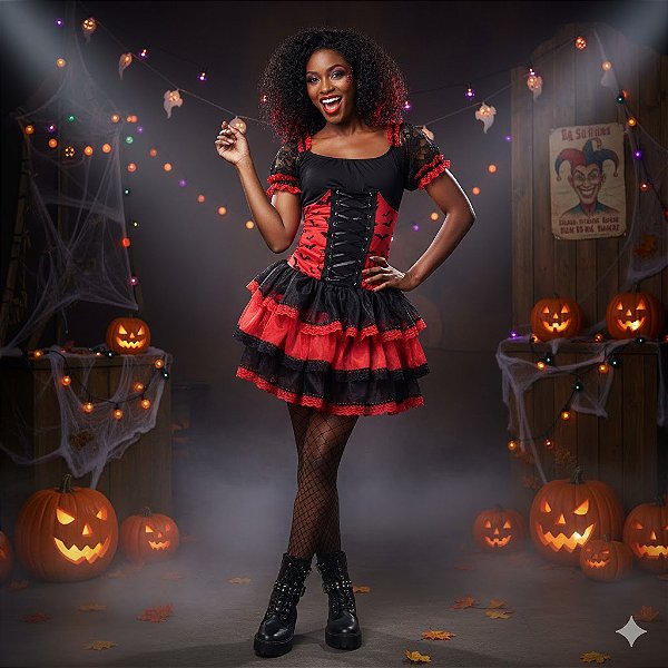 Fantasia Bruxa Corpete Morcegos Vermelho Adulto - SOMENTE ALUGUEL