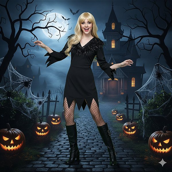 Fantasia Bruxa Paetê Adulto - SOMENTE ALUGUEL