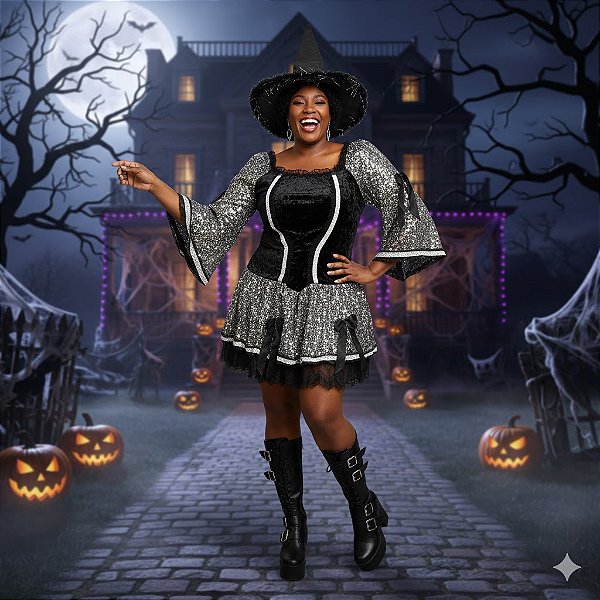 Fantasia Bruxa Veludo Paetê Adulto - SOMENTE ALUGUEL