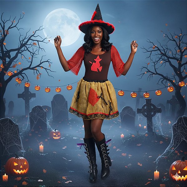 Fantasia Bruxa Vermelha Juta Adulto - SOMENTE ALUGUEL