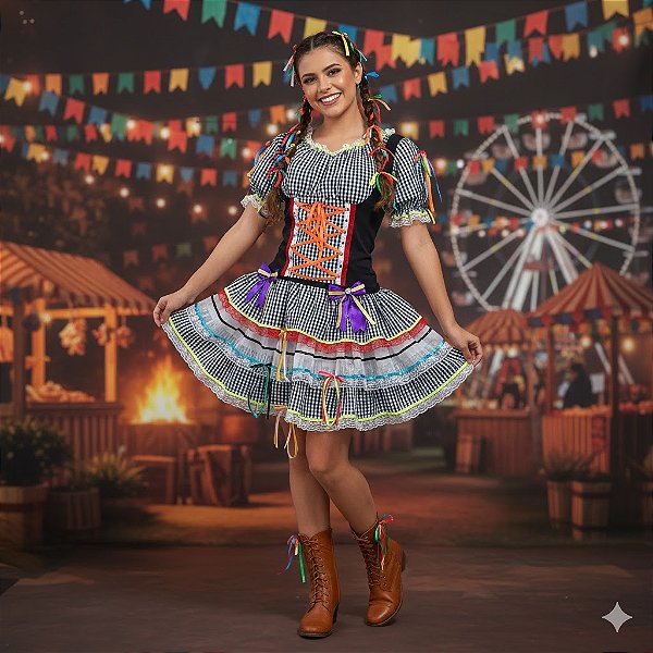 Fantasia Conjunto Feminino Junino Luxo Maria Adulto - SOMENTE ALUGUEL