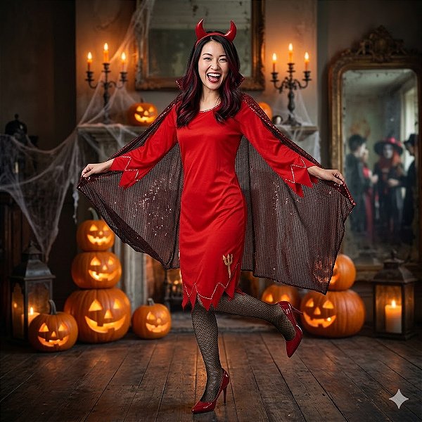 Fantasia Diaba Longa com Capa Adulto - SOMENTE ALUGUEL