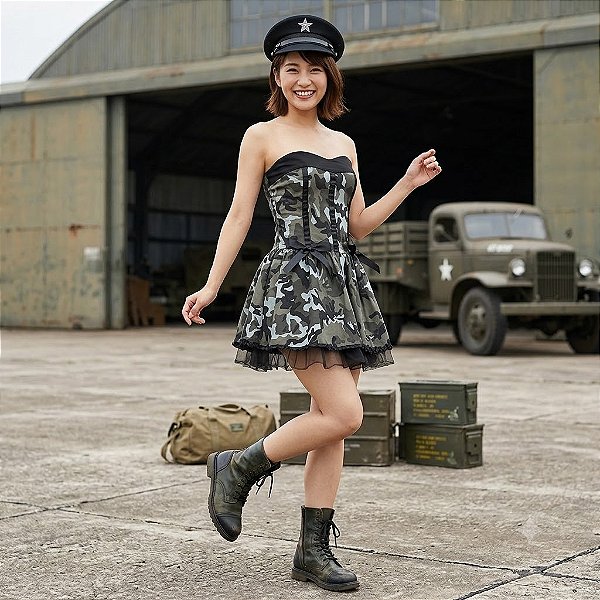 Fantasia Feminina Exército Camuflada Tomara que Caia Adulto - SOMENTE ALUGUEL