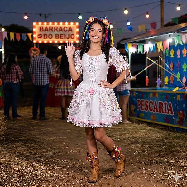 Fantasia Noiva Caipira Conjunto Collant Brilhante Adulto - SOMENTE ALUGUEL