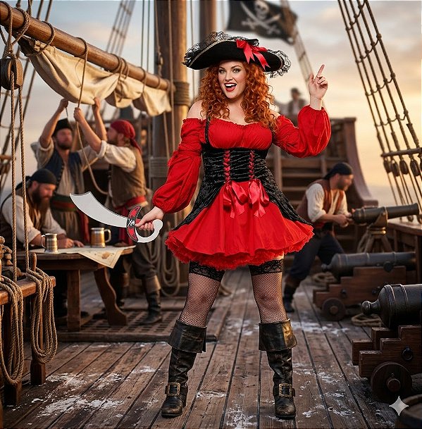 Fantasia Feminina Pirata Corselet Manga Longa Plus Adulto - SOMENTE ALUGUEL