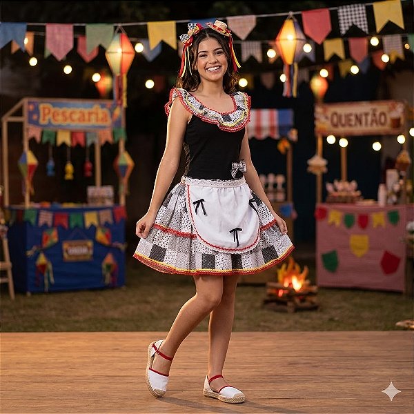 Fantasia Vestido Junino Babados e Avental Adulto - SOMENTE ALUGUEL