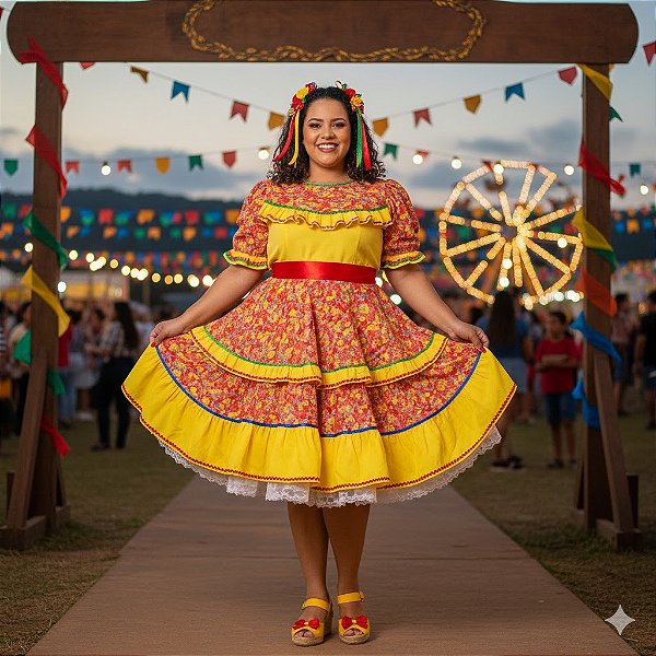 Fantasia Vestido Junino Florido Rendas Adulto - SOMENTE ALUGUEL