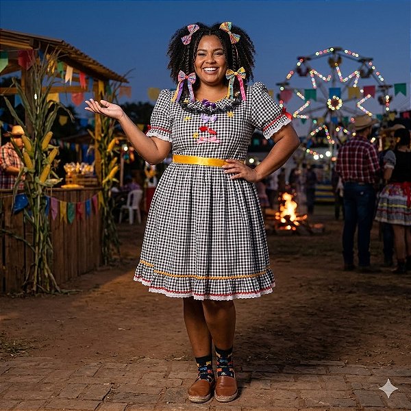 Fantasia Vestido Junino Lacinhos Xadrez Adulto - SOMENTE ALUGUEL