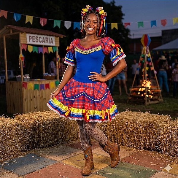 Fantasia Vestido Junino Luxo Gola Rendas Adulto - SOMENTE ALUGUEL