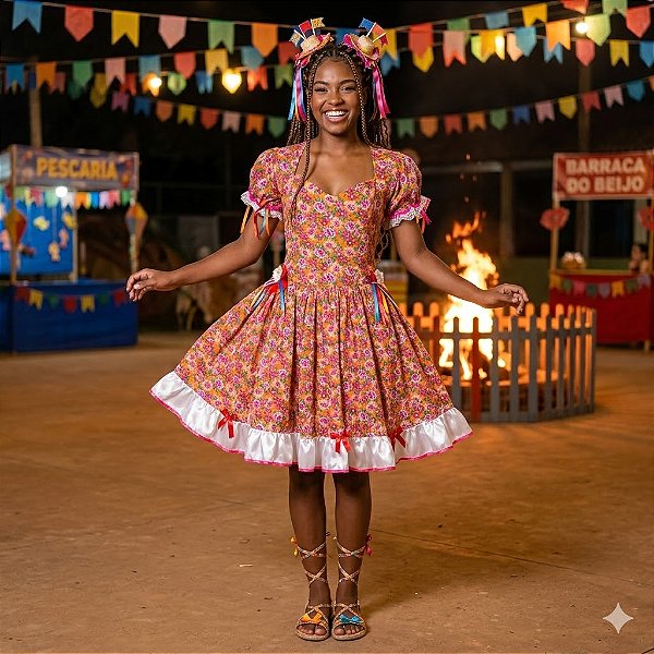 Fantasia Vestido Junino Luxo Laranja Adulto - SOMENTE ALUGUEL