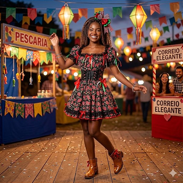 Fantasia Vestido Junino Luxo Preto Adulto - SOMENTE ALUGUEL