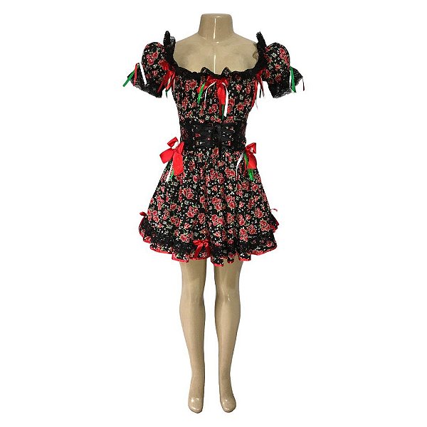 Vestido Junino Luxo Preto - SOMENTE ALUGUEL