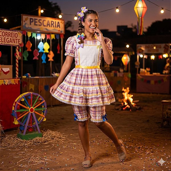 Fantasia Vestido Junino Xadrezinho com Avental Adulto - SOMENTE ALUGUEL