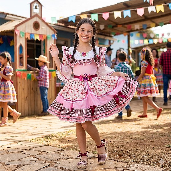 Fantasia Infantil Festa Junina - Rosa Rômantica Fan