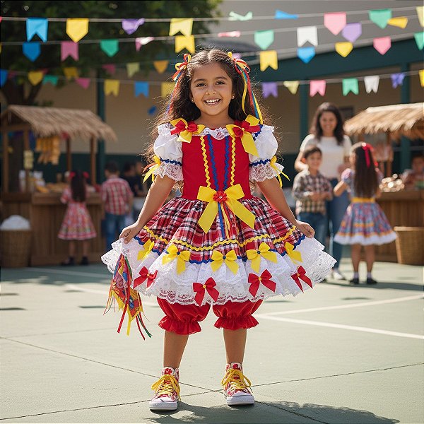 Fantasia Infantil Festa Junina Feminino - Renda Zig Zag Vermelho