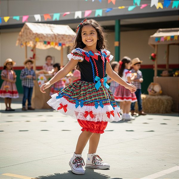 Fantasia Infantil Festa Junina Feminino - Renda Zig Zag Azul Marinho