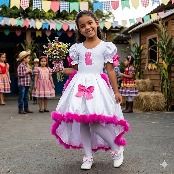 Fantasia Infantil Festa Junina Feminino Noivinha Gata Marabú