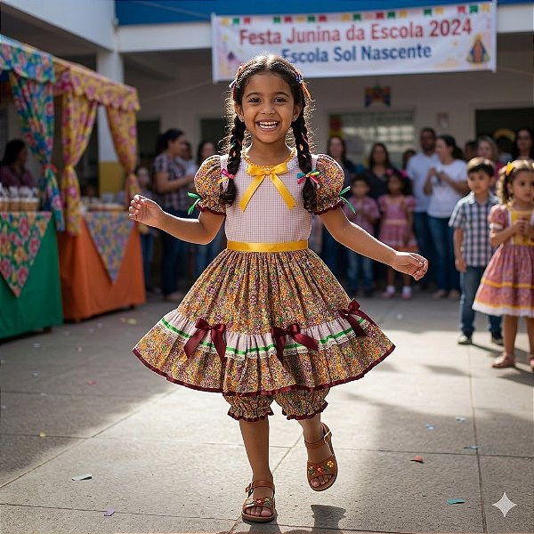 Fantasia Infantil Festa Junina Feminino - Xadrez Florido