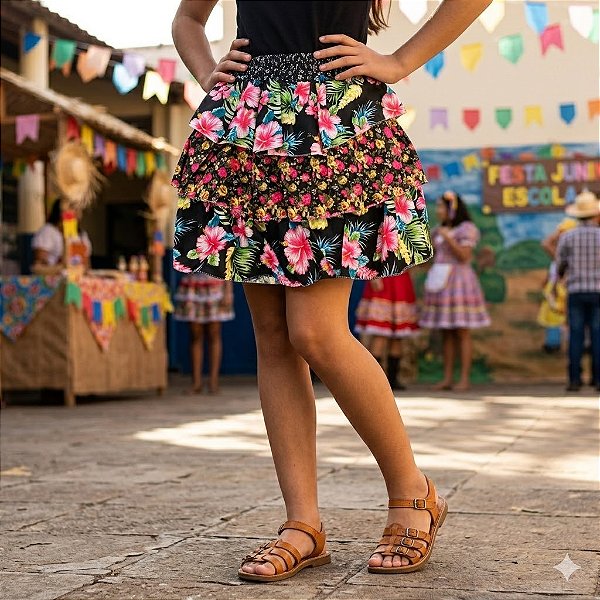 Saia Xadrez Florida Adulto Festa Junina Preto