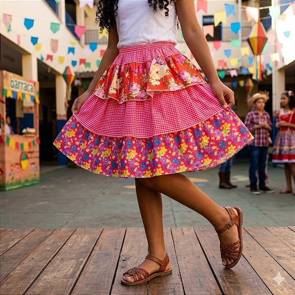 Saia Xadrez Florida Adulto Festa Junina Pink