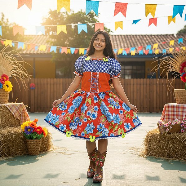 Fantasia Infantil Festa Junina Feminino - Xadrez com Corset 1821
