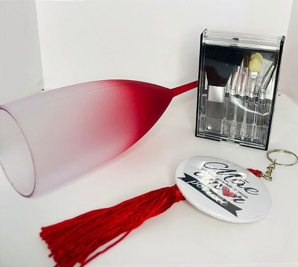 Kit Dia das Mães Taça de Espumante + Kit Maquiagem + Espelho de Bolsa com tassel