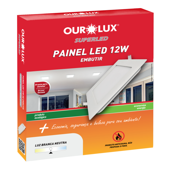 Painel Plafon Led Embutir Quadrado 12W Branco 6500K Ourolux