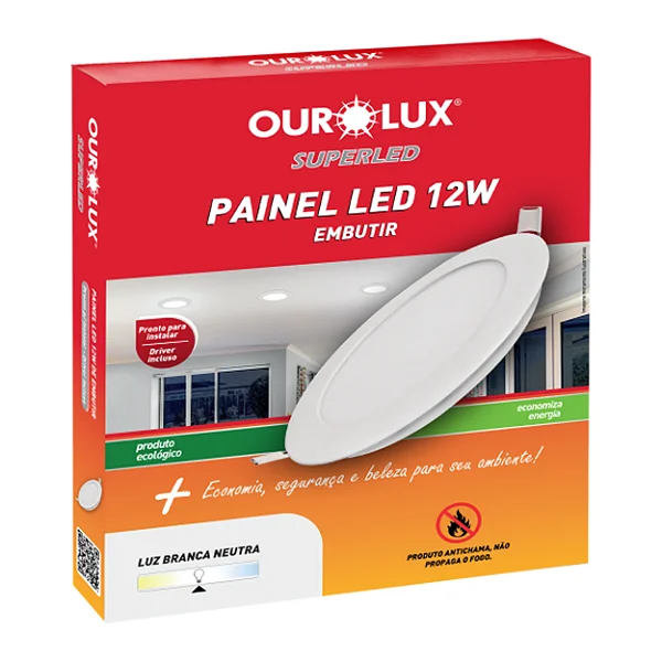 Painel Plafon Led Embutir Redondo 12W Branco 6500K Ourolux