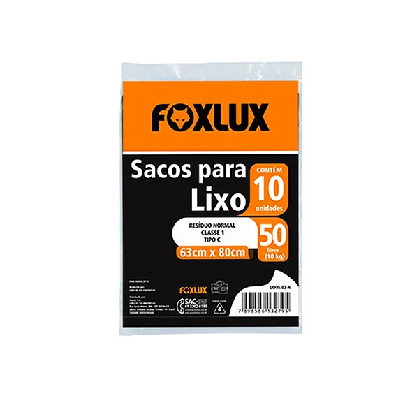 Saco Para Lixo 50L 63X80 Com 10 Unidades Preto Ud05.03-N Foxlux