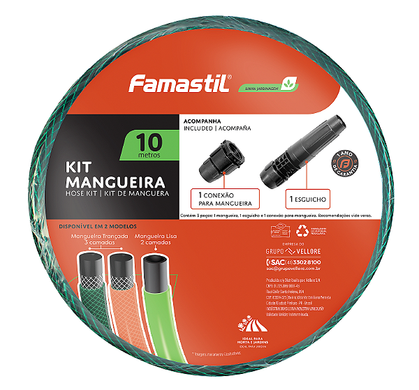Mangueira Jardim Pvc Verde Trançada 10m Com Kit Engate E Conector F9040 Famastil