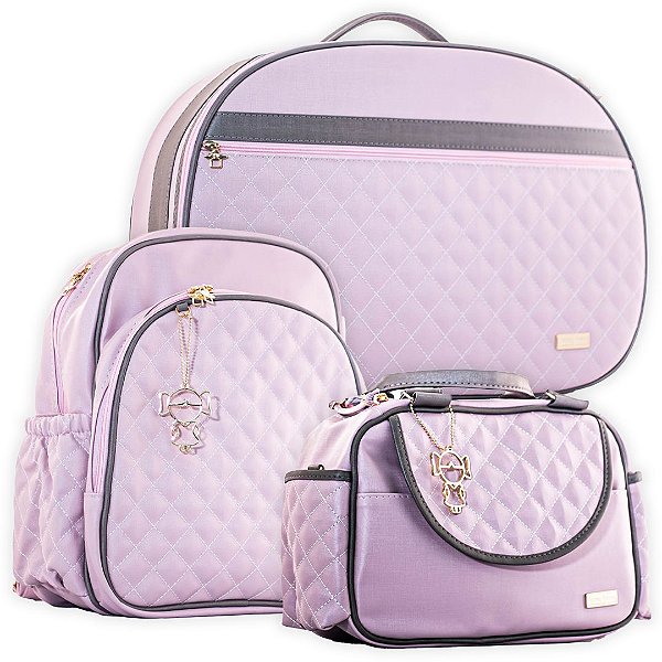 Kit Bolsa Maternidade Matelassê 3 Peças c/ Mochila Rosa e Cinza