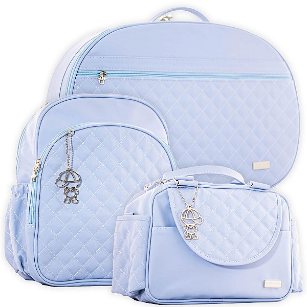 Kit Bolsa Maternidade Matelassê 3 Peças c/ Mochila Azul Claro