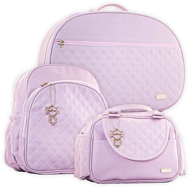 Kit Bolsa Maternidade Matelassê 3 Peças c/ Mochila Pérola Rosa