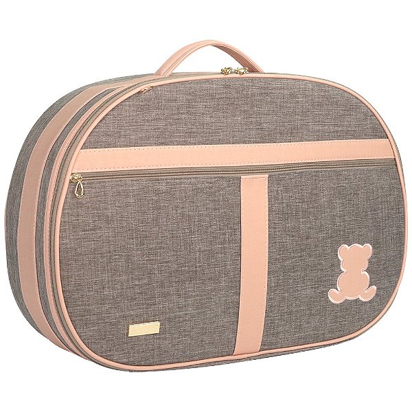 Mala Maternidade e Frasqueira Térmica Cinza Mescla c/ Ursinho Rose