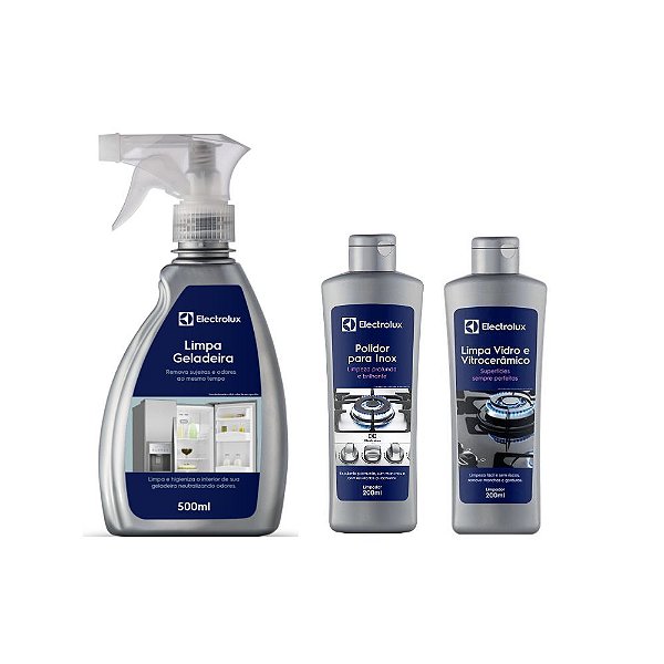 Kit Limpa Geladeira - 500ml + Polidor Inox - 200ml + Limpa Vidro e Vitrocerâmico - 200ml Electrolux