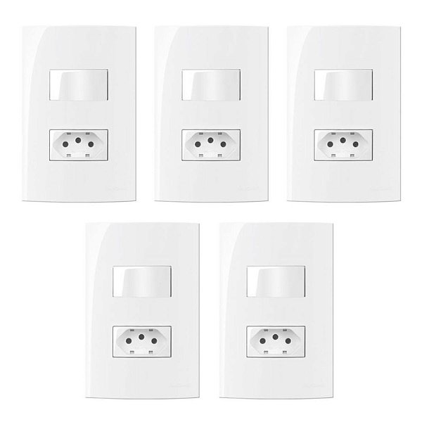 5 Conjuntos MarGirius Sleek 1 Interruptor Simples 10A + 1 Tomada 2P+T 10A - 15997