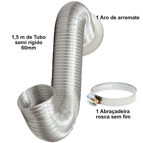 Tubo Semi Rígido em alumínio 60mm com 1,5m - com aro de arremate e abraçadeira