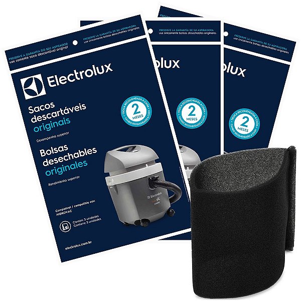 Kit com 9 Sacos Hidrovac CSEHV + Filtro Espuma Permanente A96888601 para Aspirador Electrolux