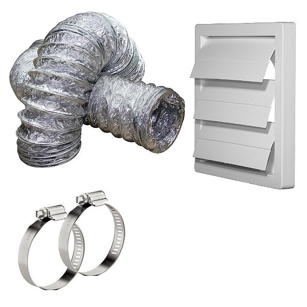 Kit Com 3 Itens para Instalação de Exaustor e Coifa 150 mm / 6 polegadas com grade de saída auto fechante + duto flexível + 2 abraçadeiras metálicas