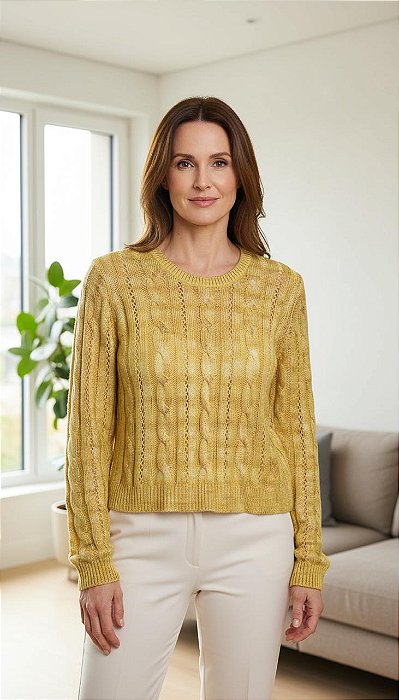 Blusa Amarela Feminina em Tricô – Manga Longa com Tramas Trançadas Zara