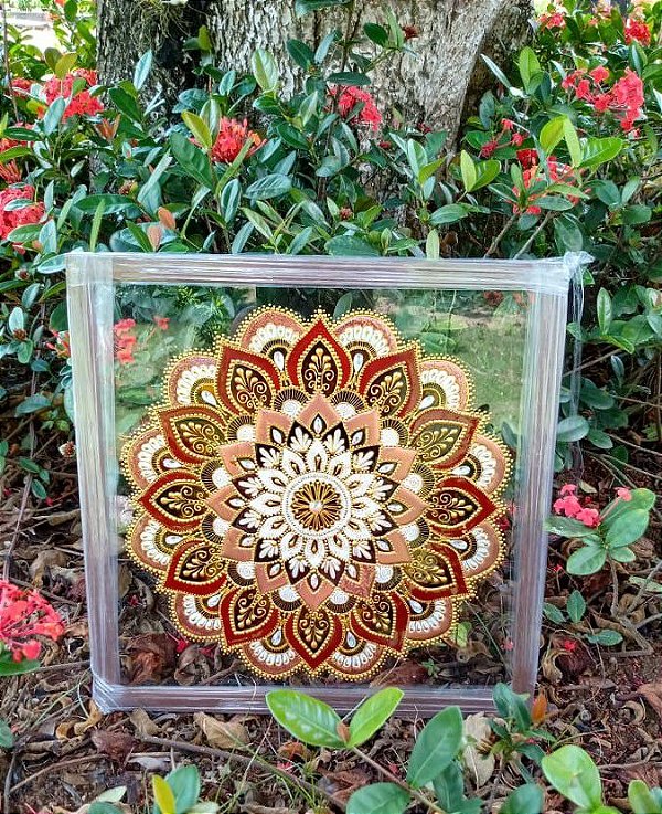 Mandala flor de cobre - Mandala em quadro decorativo pintado em vitral