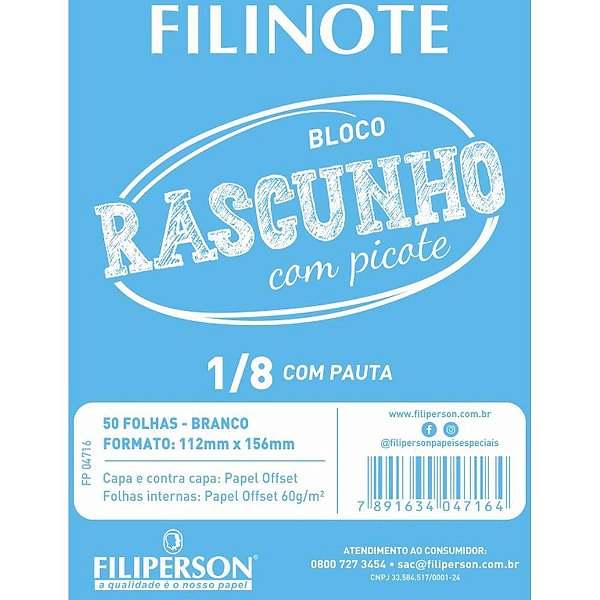 Bloco Para Rascunho C/Picote C/Pauta 112x156 50fl Pct.C/10 04716 Filiperson