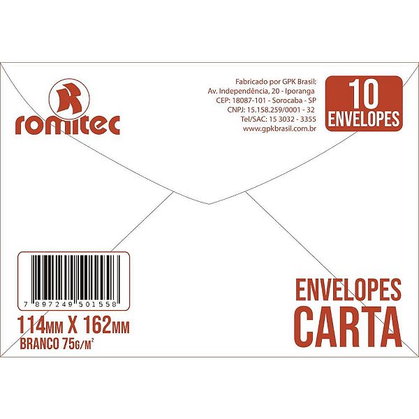 Envelope Comercial 114x162 75grs. S/Rpc Branco Bl.c/10 155r Romitec