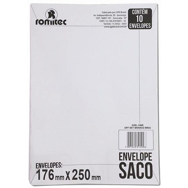 Envelope Saco Branco 176x250 75grs. Br25 Bl.c/10 160r Romitec