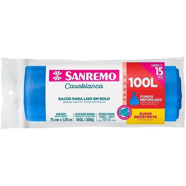 Saco Para Lixo 100l Azul Rolo Reforçado Rl.C/15 Sr21100 Sanremo
