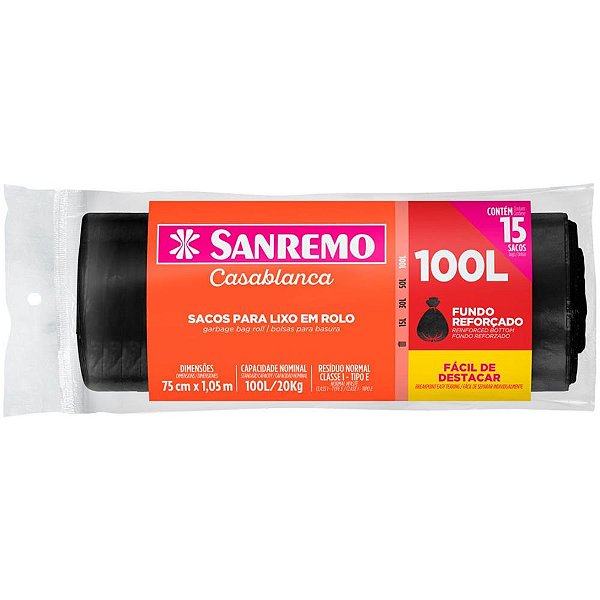 Saco Para Lixo 100l Preto Rolo Reforçado Rl.C/15 Sr31100 Sanremo