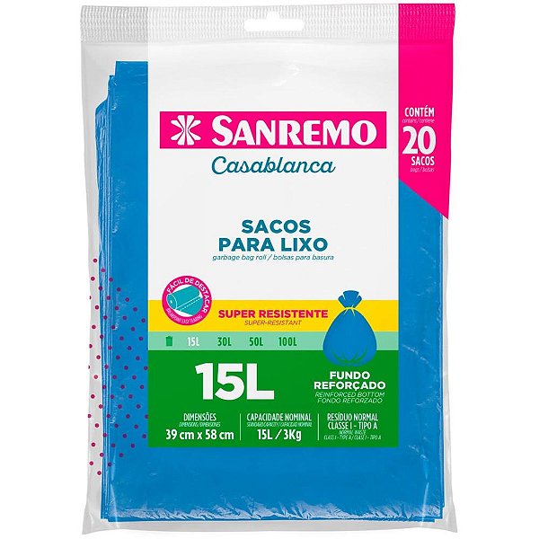 Saco Para Lixo 15l Azul Almofada Reforçado Pct.C/20 Sr2015 Sanremo